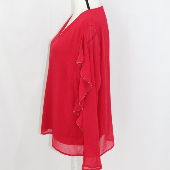 Thalia Sodi Red Ruffle Sleeve Gold Trim Blouse NWT - Picture 3 of 5